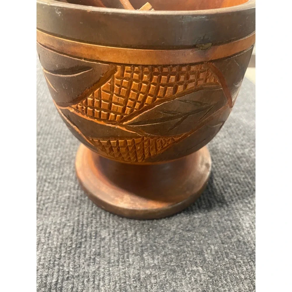 Hand Carved Wooden Mortar and Pestle Set Floral Design Rustic Brown Kitchen Tool